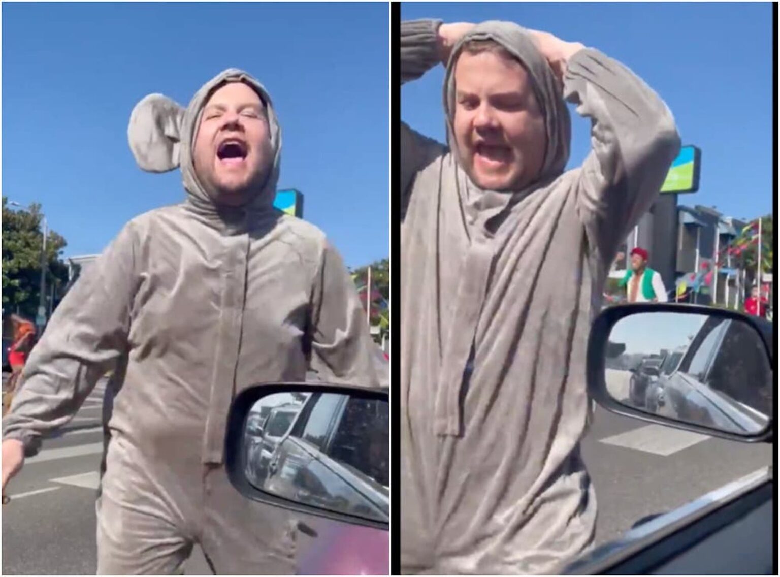 James Corden dressed as a thrusting crotch mouse to promote the new 'Cinderella' movie on 'The Late Late Show'. Twitter shares their horror with the world.