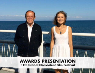 Film director Bruno Pischiutta and producer Daria Trifu present the Awards given by the Jury at the 11th Global Nonviolent Film Festival.