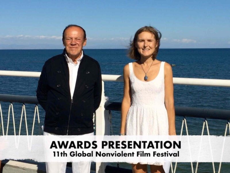 Film director Bruno Pischiutta and producer Daria Trifu present the Awards given by the Jury at the 11th Global Nonviolent Film Festival.