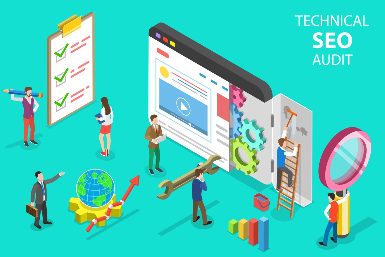 Isometric flat vector concept of technical SEO audit, search engine strategy.