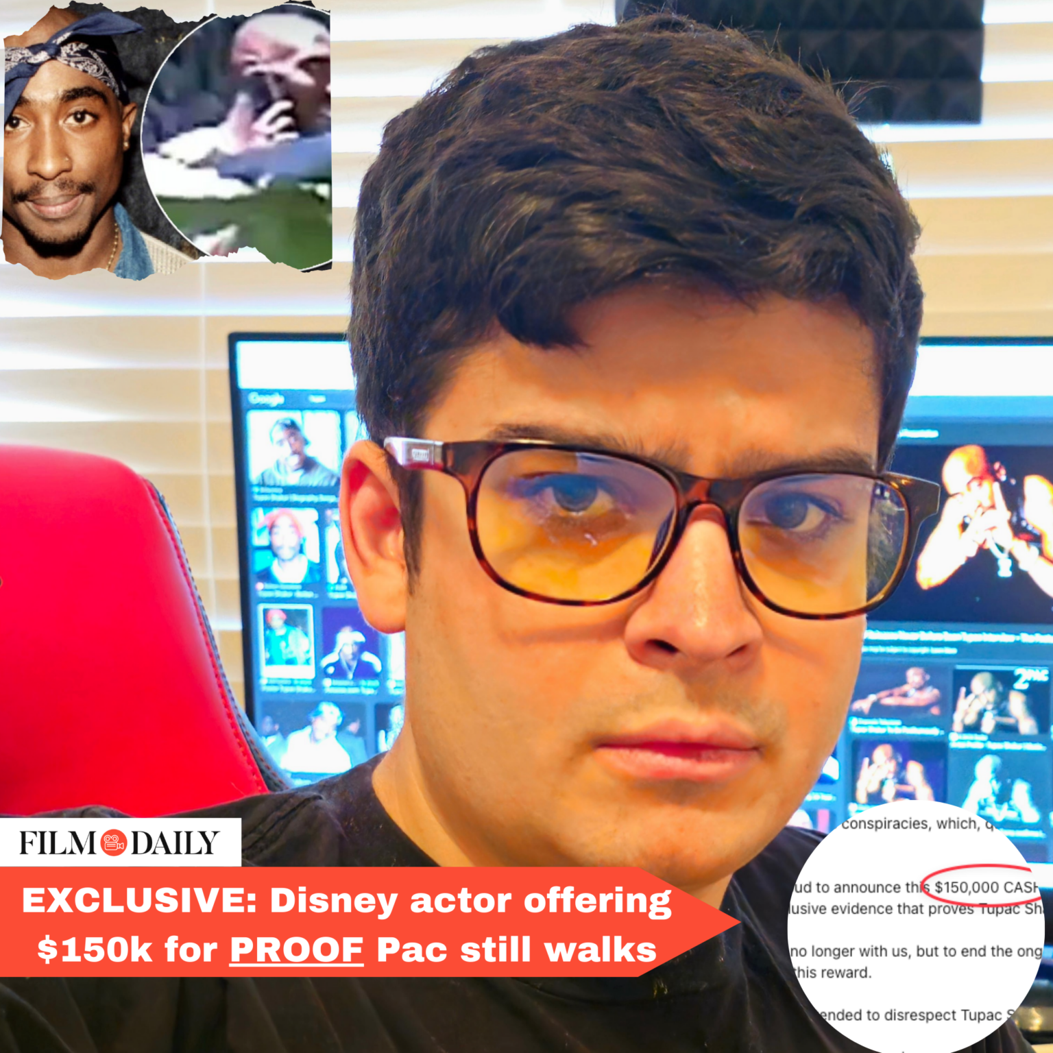 photo of Devan Leos wearing glasses. top left shows tupac, there is a computer in the background with photos of Tupac. The caption Reads "Exclusive: Followed by the title"
